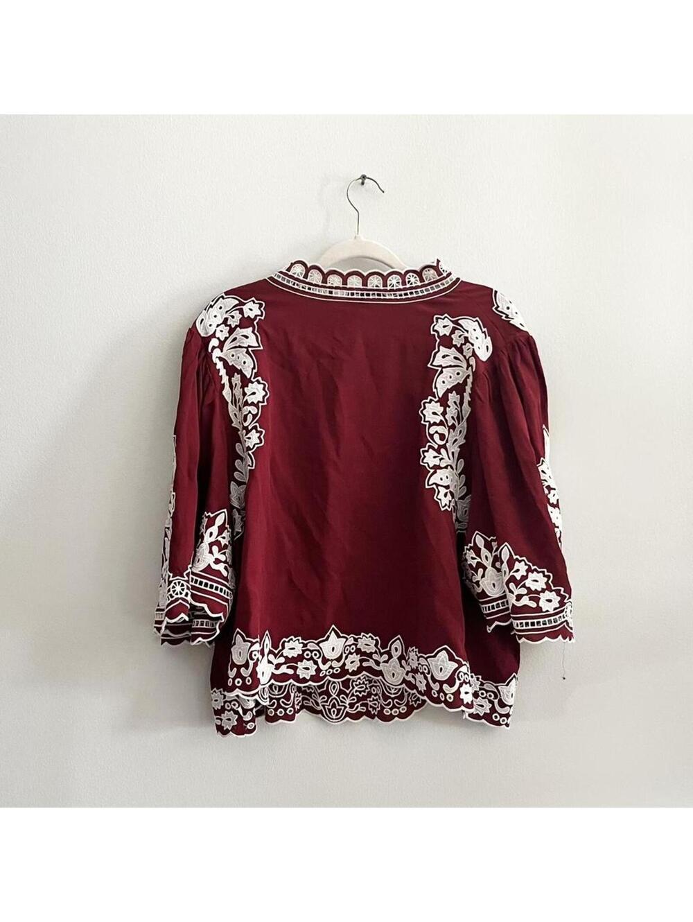 Farm Rio Burgundy Bicolor Palm Tree Embroidery Blouse - Picture 6 of 9